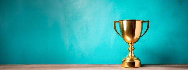 Golden trophy on turquoise background, winning theme with bright contrast. Victory concept. Generative AI