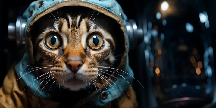 Bengal cat in astronaut helmet with dark bokeh background. Fantasy concept. Generative AI