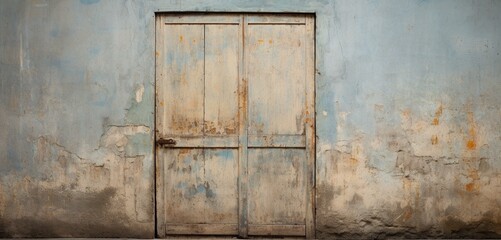 Rustic wooden door with peeling paint and weathered textures