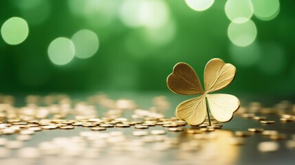 Golden clover and coins on bokeh background. St. Patrick's Day concept. - obrazy, fototapety, plakaty