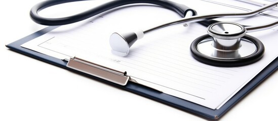 medical clipboard and stethoscope on white background.