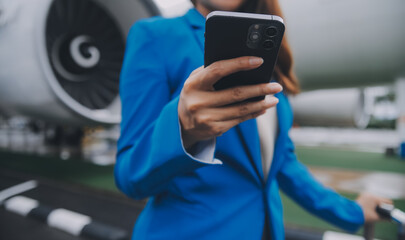 Young asian woman in international airport, using mobile smartphone and checking flight at the flight information board