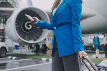 Young asian woman in international airport, using mobile smartphone and checking flight at the flight information board