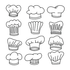 Outline Cook Chef hat line set collection, chef hat symbol, Linear chef toque vector illustration doodle style. Toque chef and baker hat, cook, table, restaurant concept.