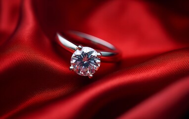 Glamorous diamond ring on red satin fabric background. Close-up of promise ring a timeless symbol of love