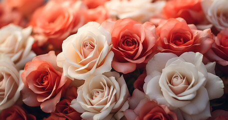 A close up of a bunch of red and white roses. Monochrome peach fuzz background.