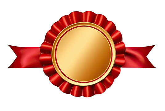 Golden label with red ribbon isolated on transparent background