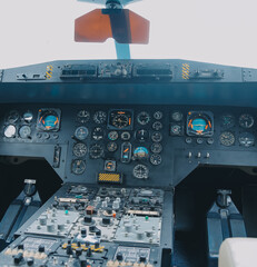 inside a big jet flying plane cockpit,flying above clouds
