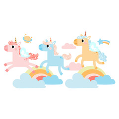 Cute unicorns, Pony or horse with magical, PNG clipart. Unicorns illustration with rainbow, stars, hearts, clouds, castle in cartoon style. 