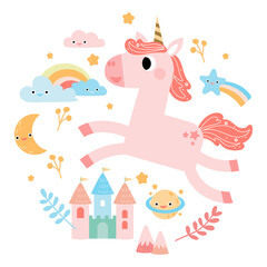 Cute unicorns, Pony or horse with magical, PNG clipart. Unicorns illustration with rainbow, stars, hearts, clouds, castle in cartoon style. 