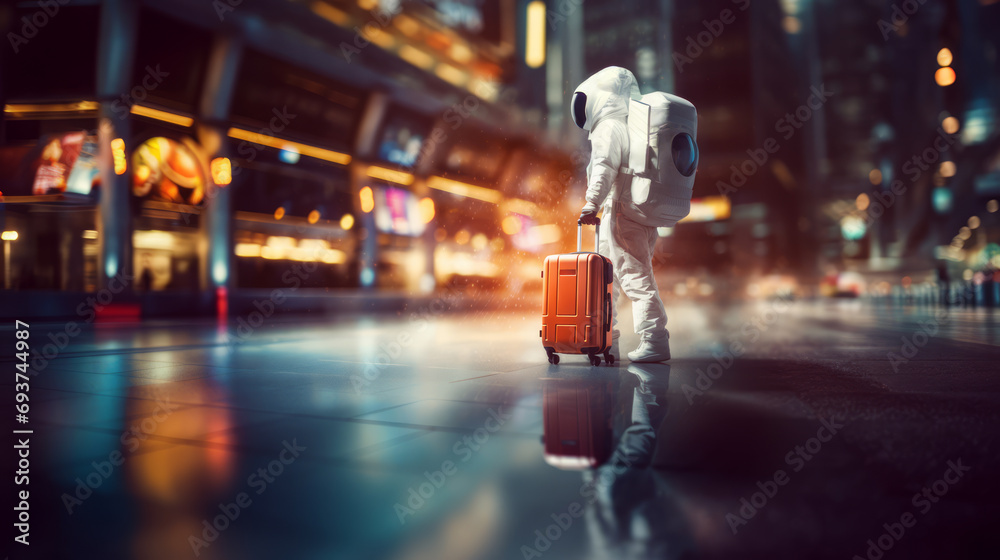 Wall mural Astronaut with suitcase walking in city shopping area at night. Urban exploration concept. Generative AI