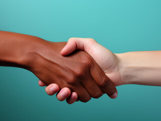 Handshake of diverse hands, teal background, unity and diversity concept. Generative AI