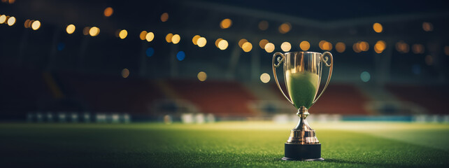 Trophy, stadium lights on a lush soccer field. Victory and sportsmanship concept. Generative AI - obrazy, fototapety, plakaty