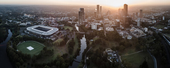 Panoramic aerial drone view of Parramatta cbd in Sydney, NSW Australia during a morning sunrise in...