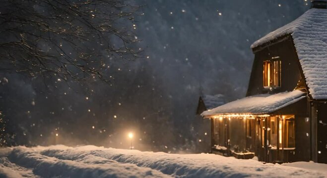 evening snowfall in the countryside at night video footage 2k 60fps
