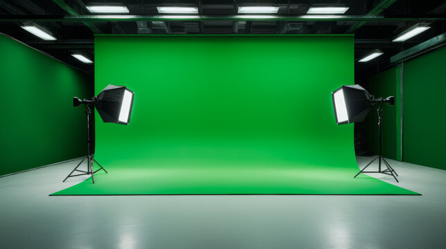 Professional photo studio setup with green chroma key background and lighting equipment. Photography concept. Generative AI