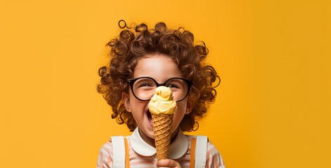 Funny child with glasses licking and eating an ice cream cone on isolated yellow studio background.