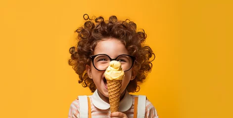 Foto auf Alu-Dibond Funny child with glasses licking and eating an ice cream cone on isolated yellow studio background. © Virtual Art Studio