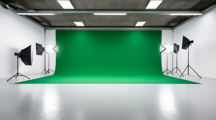 Contemporary photo studio with vivid green screen for chroma key compositing. Media production concept. Generative AI - obrazy, fototapety, plakaty