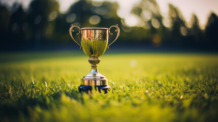Shiny trophy on grass with a vibrant green background. Championship concept. Generative AI