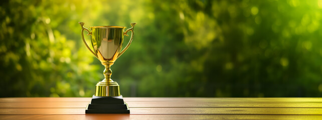 Trophy on a wooden table against lush green foliage background. Accomplishment concept. Generative AI - Powered by Adobe