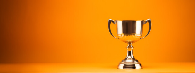 Classic gold trophy cup displayed on orange backdrop. Achievement and recognition theme. Generative AI