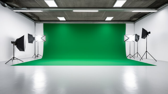 Contemporary photo studio with vivid green screen for chroma key compositing. Media production concept. Generative AI