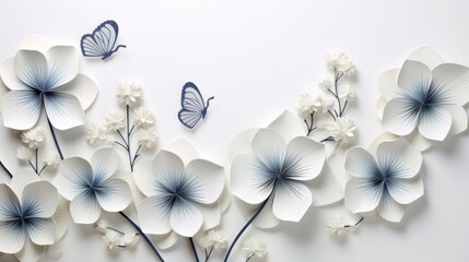 vibrant 3d flowers and butterflies: elegant wallpaper on a white background
