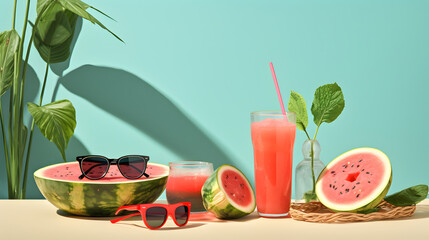 Watermelon slice, juice drink and sunglasses background with copy space