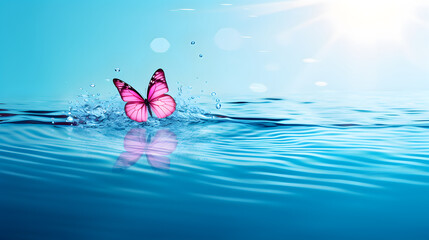 Pink butterfly on surface of water with splashes. Concept of butterfly effect.