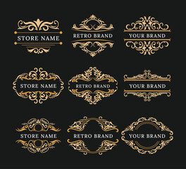 Vintage Frames, label, border, divider Banners and Badges set collection, traditional labels for wedding card, handmade product packaging, decorative ornament, swirls, flourishes ornate vignettes.