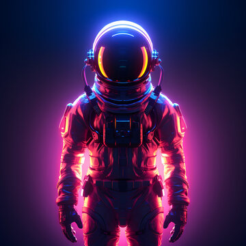 Portrait of futuristic astronaut or spaceman with neon light.