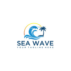 Sun and surf text, wave vector illustration. For t-shirt prints and other uses, summer travel vacation vector logo concept illustration in circle shape. Paradise beach color graphic sign. Sea resort