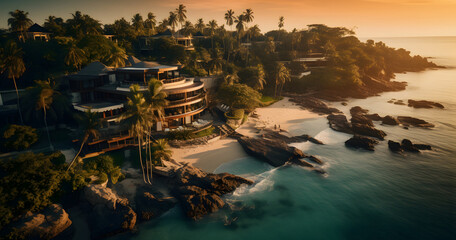 Aerial view of luxury hotel and resort at sea beach in tropical sea at sunset with beautiful colors. - obrazy, fototapety, plakaty