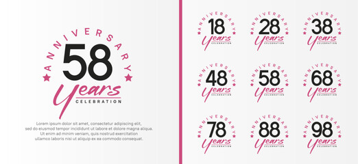 set of anniversary logo flat black color number and purple text on white background for celebration