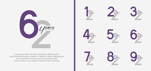 set of anniversary logo purple and gray color number on white background for celebration
