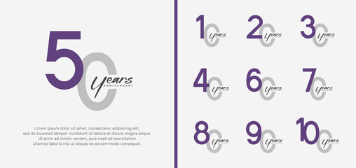 set of anniversary logo purple and gray color number on white background for celebration