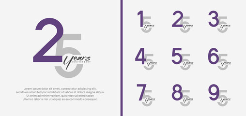 set of anniversary logo purple and gray color number on white background for celebration - obrazy, fototapety, plakaty