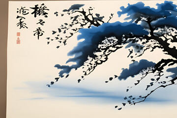 Obraz premium The flow of ink spreading across paper, much like a conversation with nature, brings forth the mysterious essence of the East in sumi-e. Generative AI.