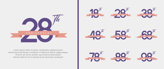 set of anniversary logo purple color number and pink ribbon on white background for celebration