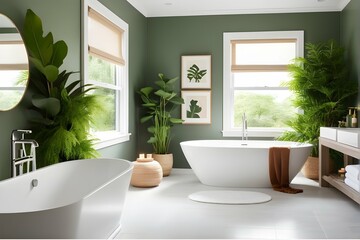 A serene bathroom oasis with a freestanding bathtub, candles, and lush green plants.

