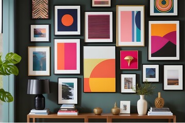 A vibrant gallery wall showcasing an eclectic collection of art and photographs.

