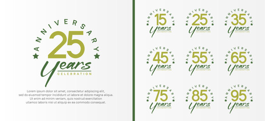 set of anniversary logo flat green color number and dark green text on white background for celebration