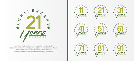 set of anniversary logo flat green color number and dark green text on white background for celebration