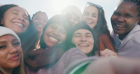 Camping, selfie and friends in nature happy, excited and embrace in celebration outdoors. Women, portrait and group of people at a camp site for explore, hiking and bonding on travel vacation or trip