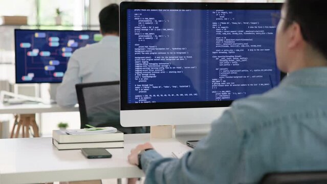 Smart AI cyber bot IT deep tech tools help write prompt python code web screen. Asia people asian man typing busy work predict big data mining center office upskill STEM expert skill job coder course.