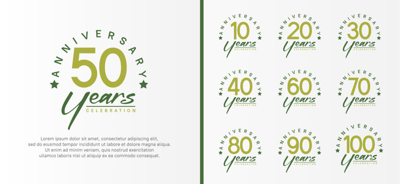 set of anniversary logo flat green color number and dark green text on white background for celebration