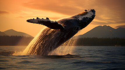 Scene of a whale bursting out of the water, nature, animal, whale, water, ocean, mammal, nature, ecosystem, landscape, mountain, sky, sunset, AI generate.