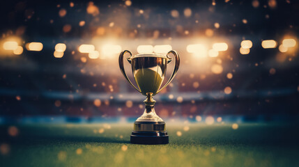 Golden trophy on a stadium field with blurred lights in the background. Victory concept. Generative...