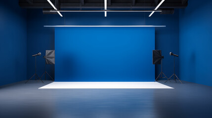 Empty photo studio with vibrant blue backdrop and professional lighting setup. Fashion photography concept. Generative AI